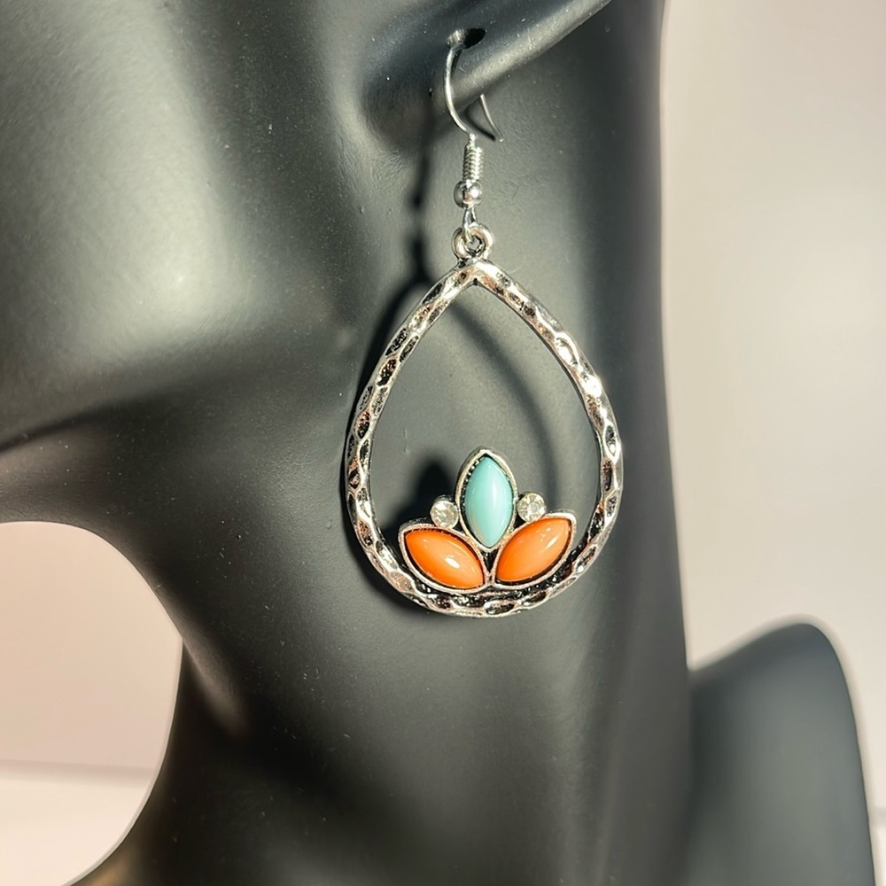 NWOT. Silver Tone Earrings With Coral & Tiffany Blue Gems and Rhinestones
